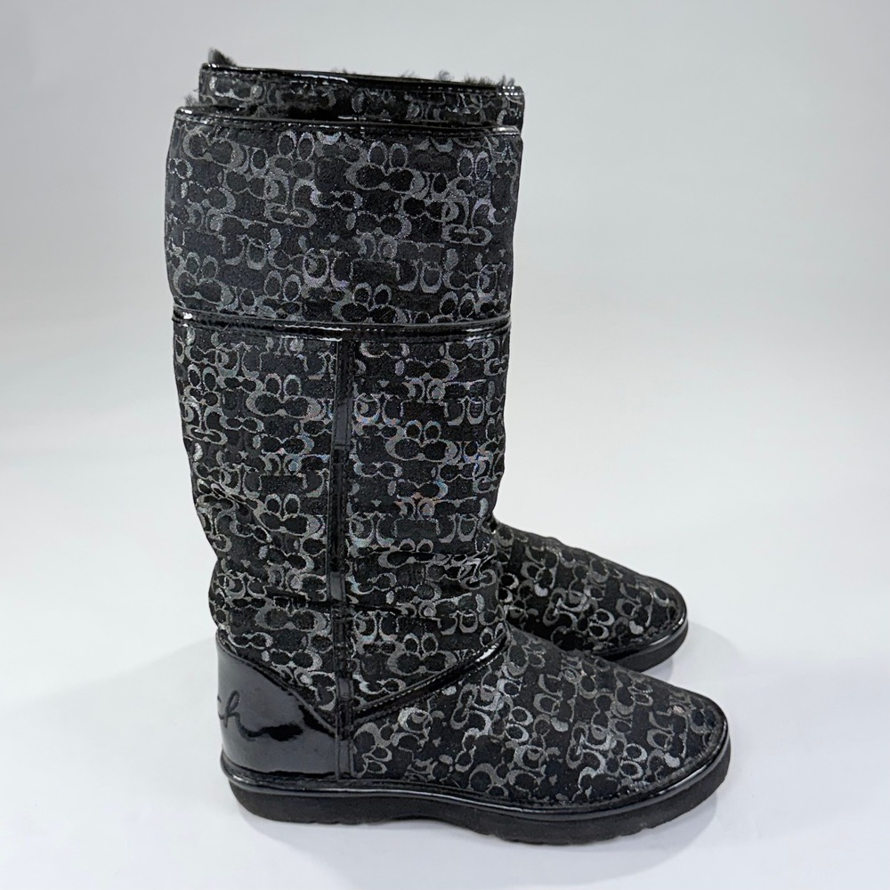 Coach Nikole Monogram Boots Womens 6B Black Silver Winter Faux Fur Trim Designer